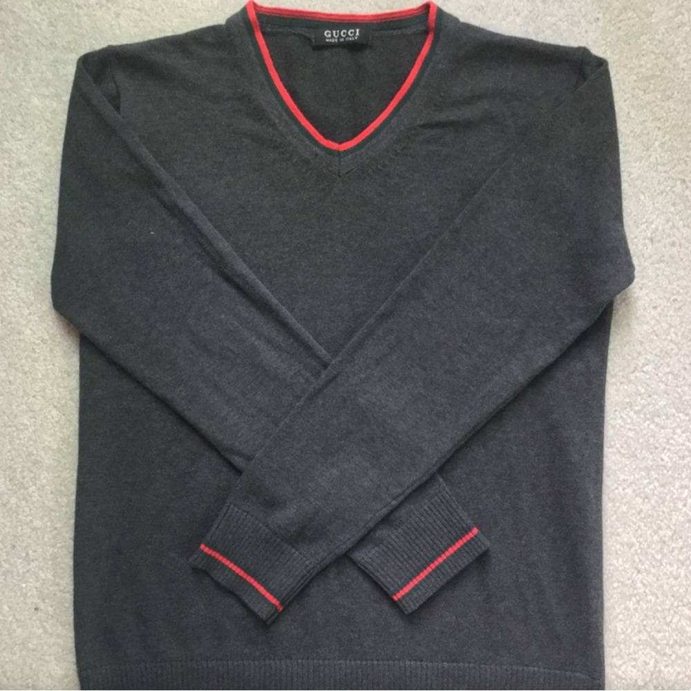 Gray V-Neck Sweater with Red Trim